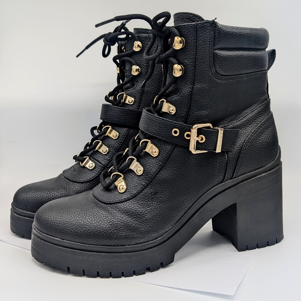 Guess Black Combat Boots with Gold Accents Size 8.5 Lace Up Booties